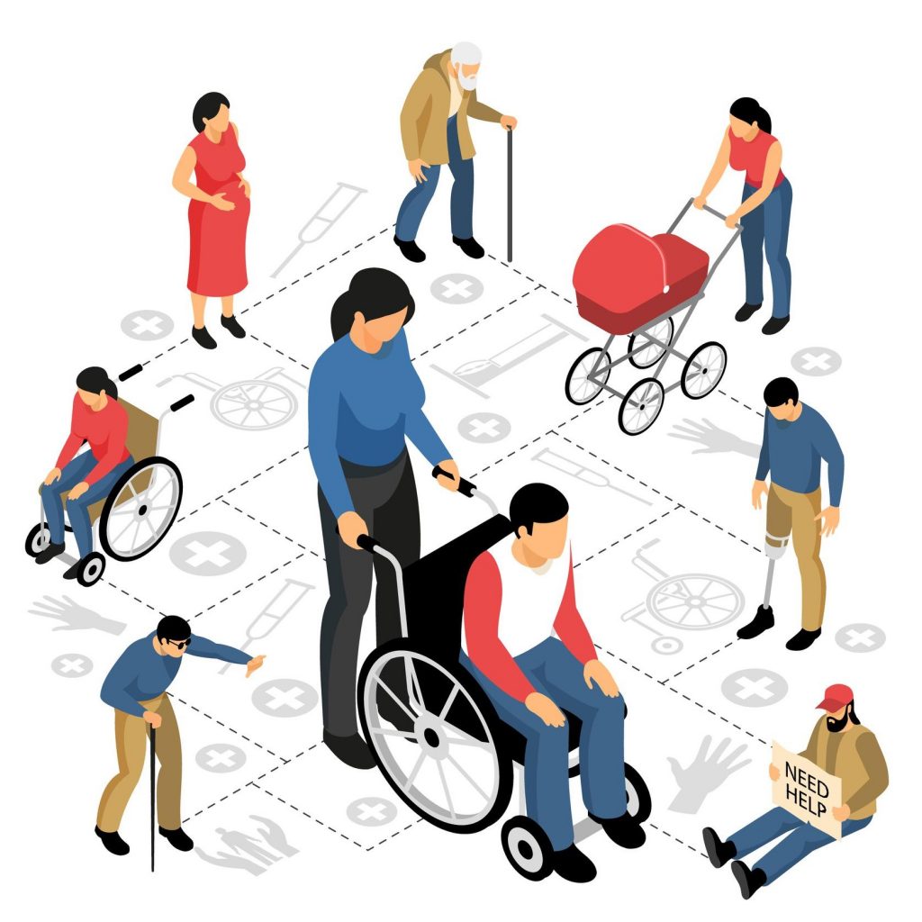 rysunek, grupa osób w tym osoby niepełnosprawne, niewidomy, osoba na wózku